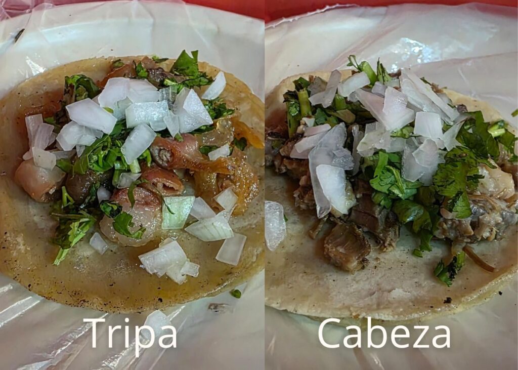 Tacos de tripa y cabeza